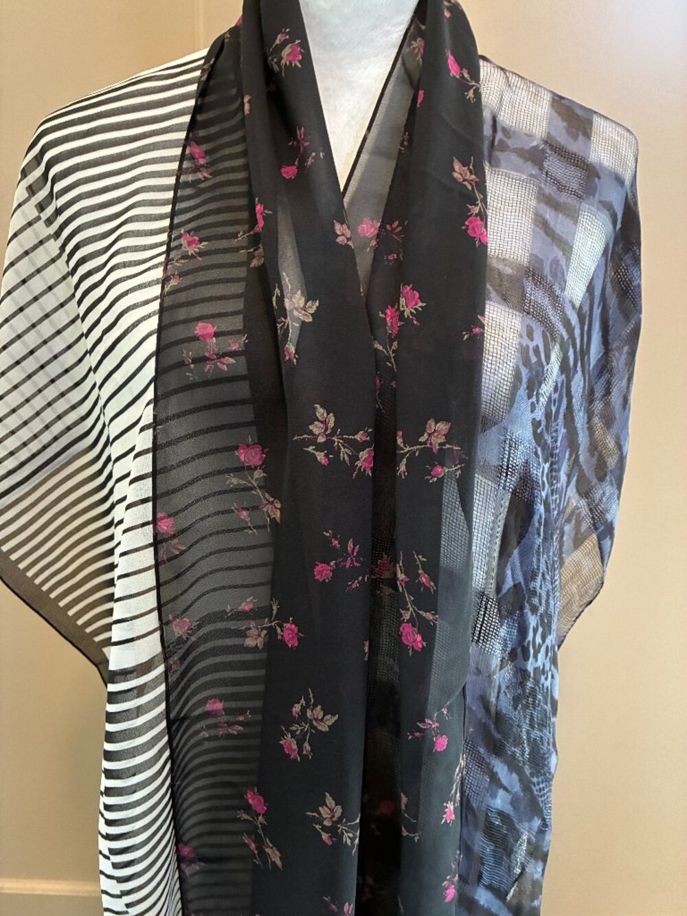 Trio of dark-toned, sheer scarves. New